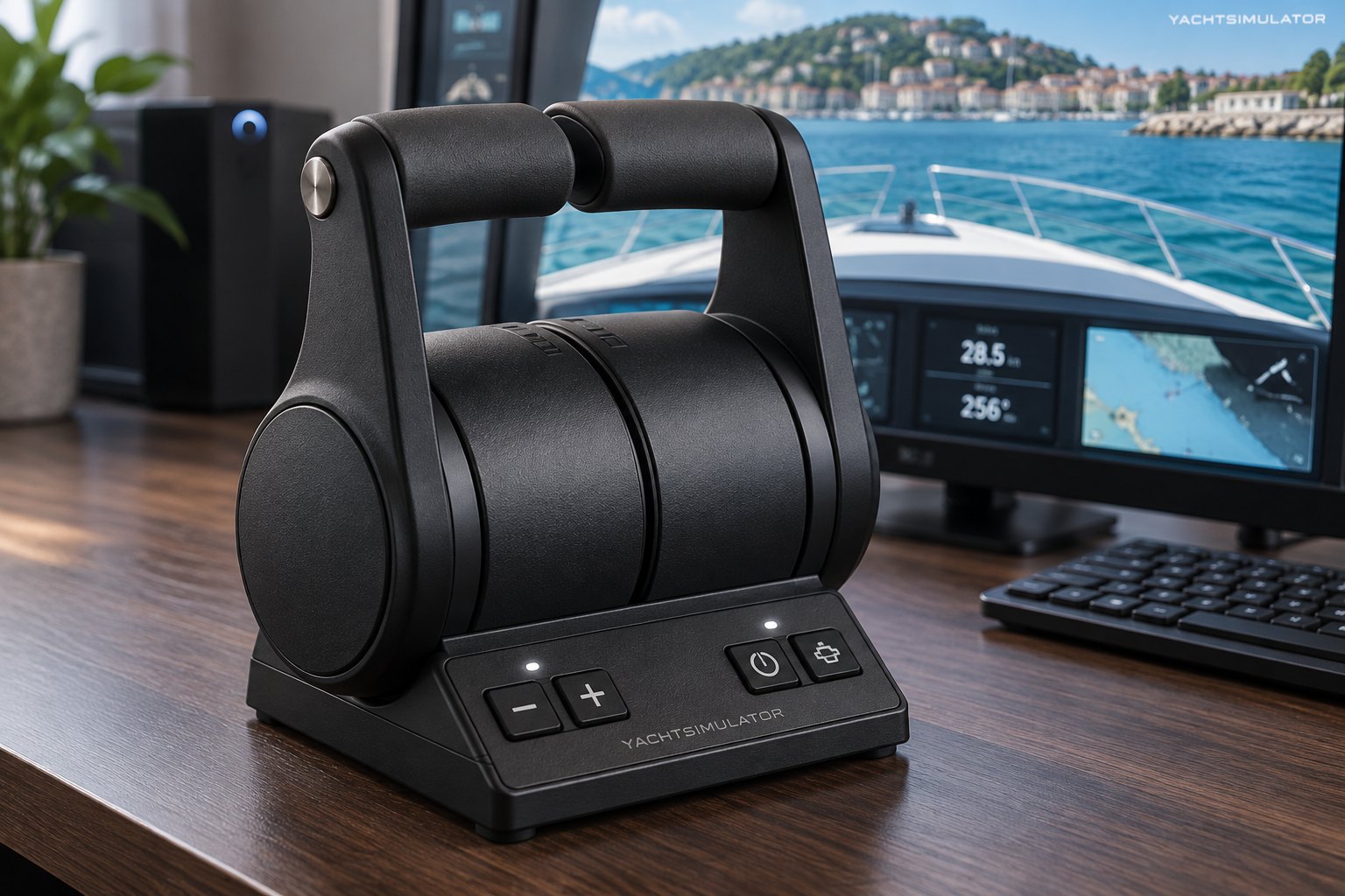 Zwei Gashebel für Backbord- und Steuerbordmotor vor dem laufenden Motoryacht-Simulator