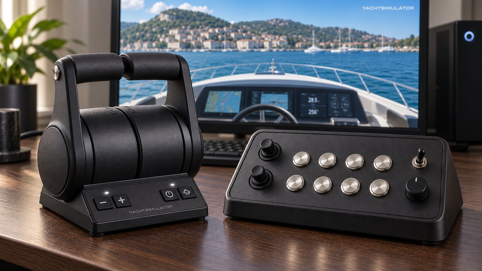 Cockpit-Hardware des Yacht Simulators: Doppel-Gashebel und Konsole mit Strahlruder-Tastern