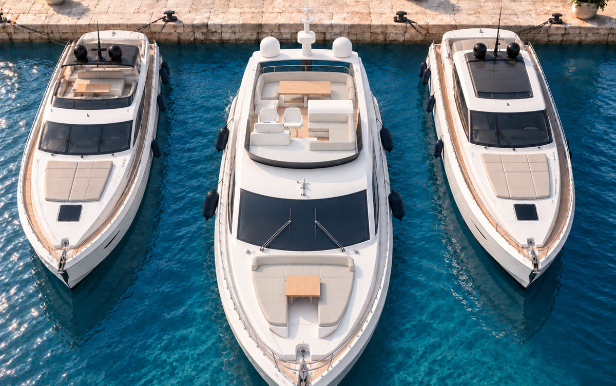 Yacht legt rückwärts in der Box zwischen zwei Booten an
