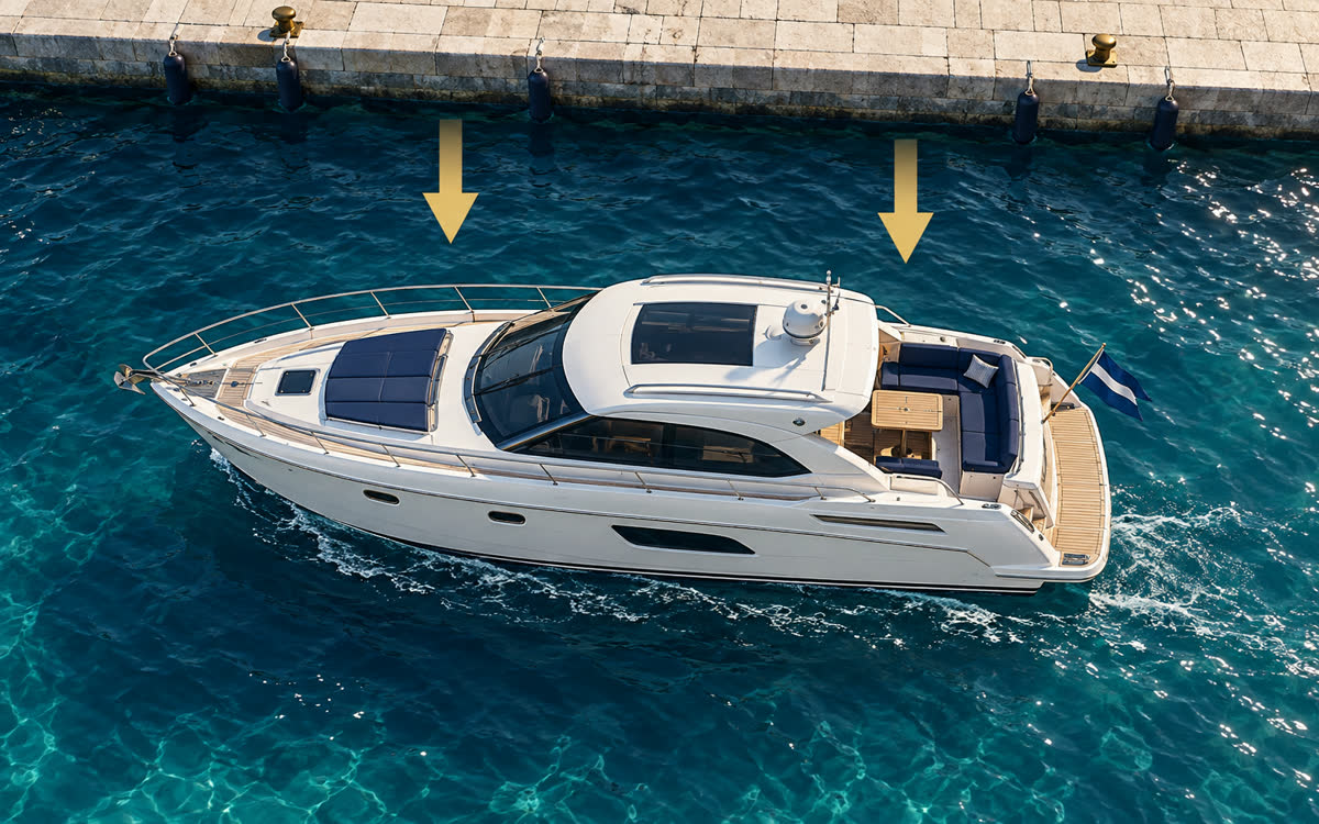 Seitenwind drückt die Yacht beim Anlegen zum Steg